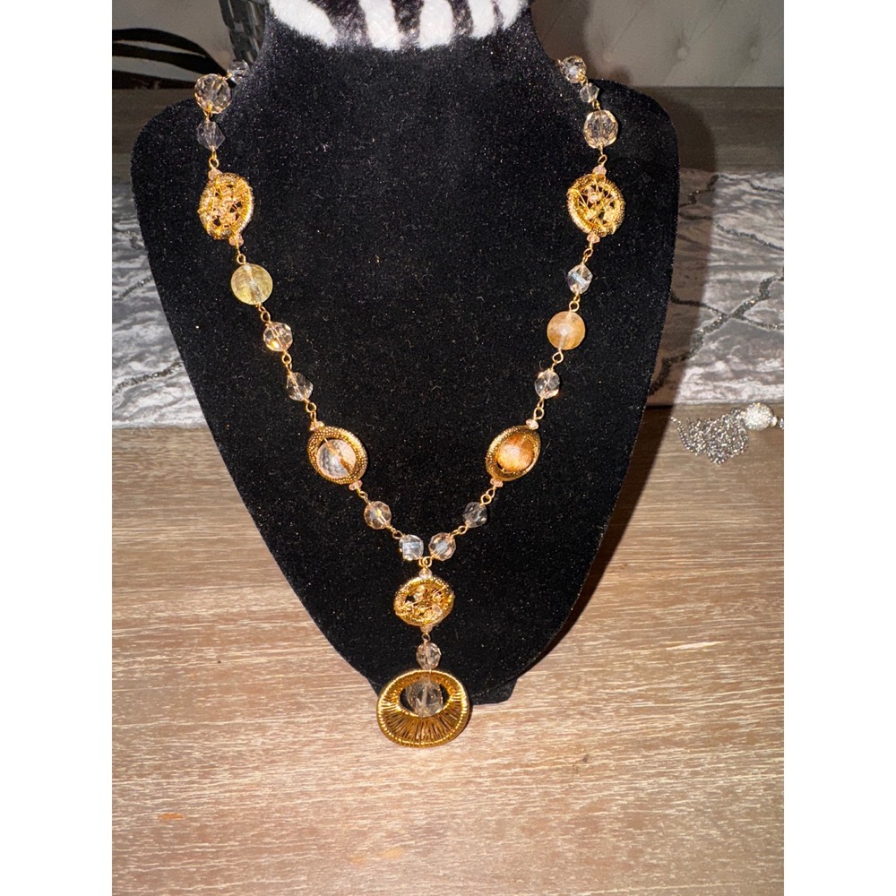 Elegant Gold Tone Beaded Necklace with‎ Ornate Pendant Clear Crystals